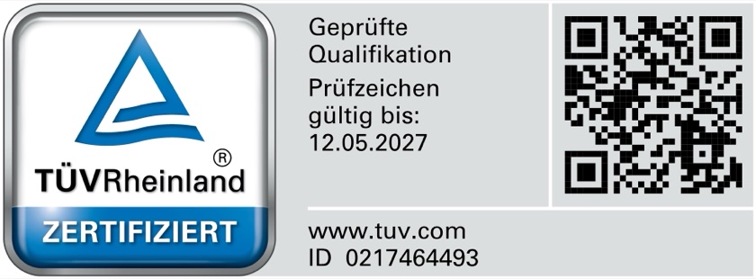 TÜV Rheinland zertifiziert — Geprüfte Qualifikation, Prüfzeichen gültig bis 12.05.2027, www.tuv.com ID 0217464493